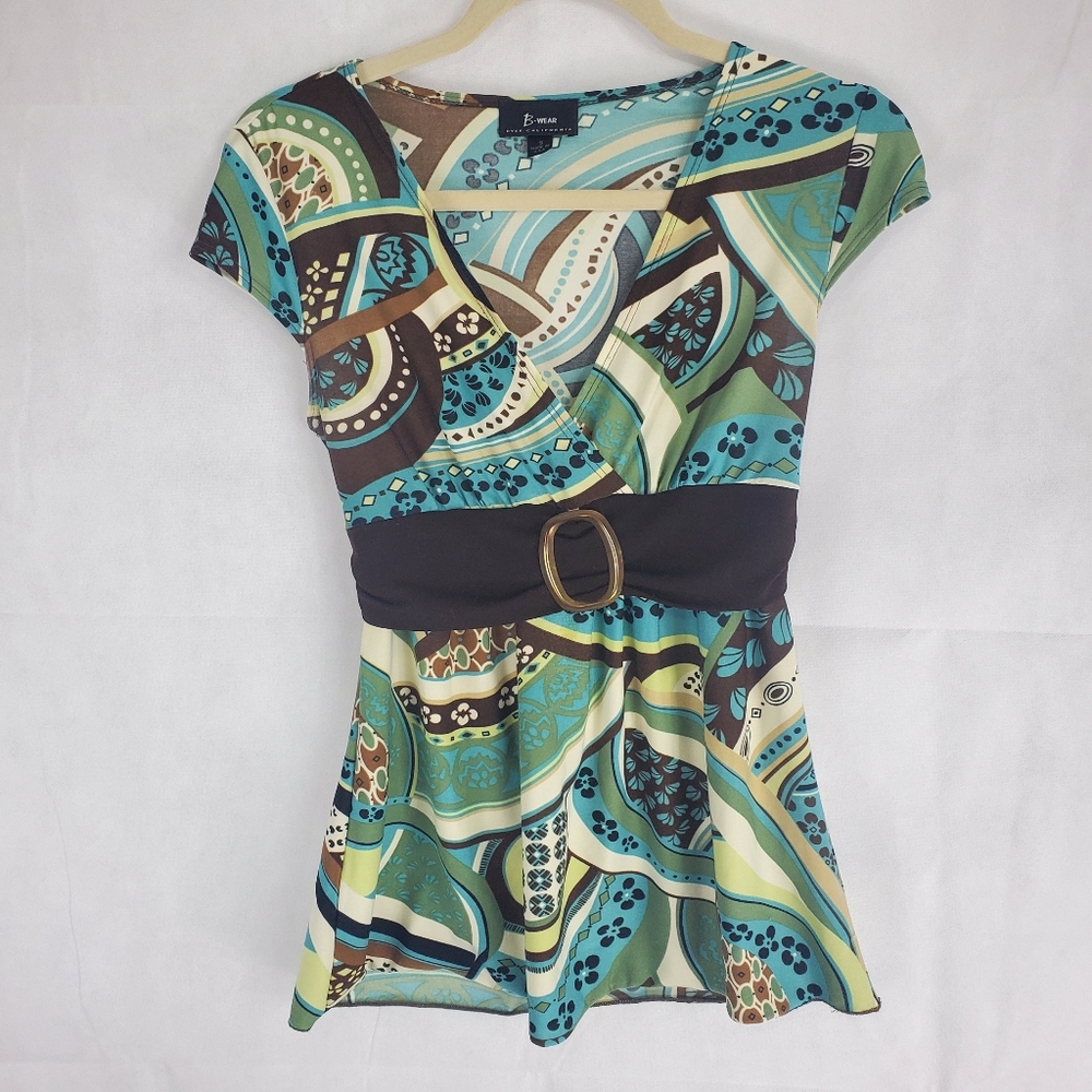 B-wear Woman Top S With Strap Belt Brown Green Tie